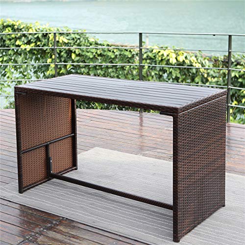 Image of Wisteria Lane 5 Piece Patio Porch Dining Set Outdoor Furniture Bar Bistro Wicker Chair Stool Wooden Table All-Weather Conversation,Brown Wicker Beige Cushions
