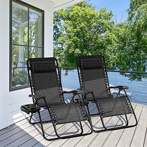 Image of Giantex 2 PCS Zero Gravity Chair, Outdoor Chaise Lounge with Cup Holder, Patio Folding Chairs Recliner for Yard Pool Lawn Balcony, Gray