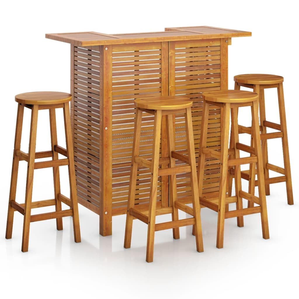 Juego Bar Jardin 5 Pzas Madera Acacia | Mesa Bistro con 2 Estantes, Taburetes con Reposapies, Aceite Acabado, Max 110 kg por Asiento