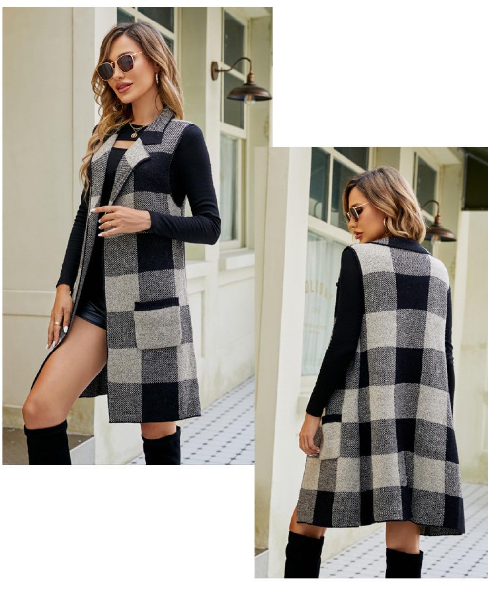 Ärmellose Strickjacke Für Damen Langer Strickpullover Weste Damenmantel Vintage-Karomuster Schalkragen Blazer Strickweste Elegant Karierter Jacquard-Pullover Ärmellos Herbst Und Winter