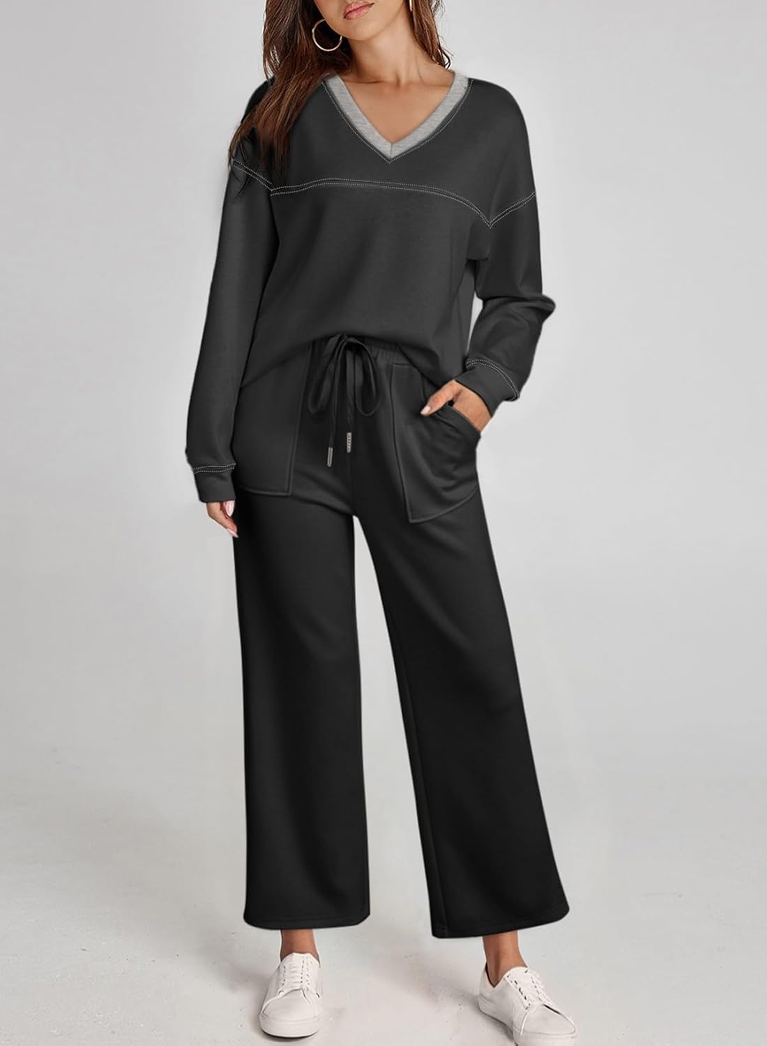 Dokotoo Women's 2 Piece Lounge Set Casual V Neck Sweatshirt Fashion Travel Wide Leg Tracksuit Sweatsuits Outfits - Image 2