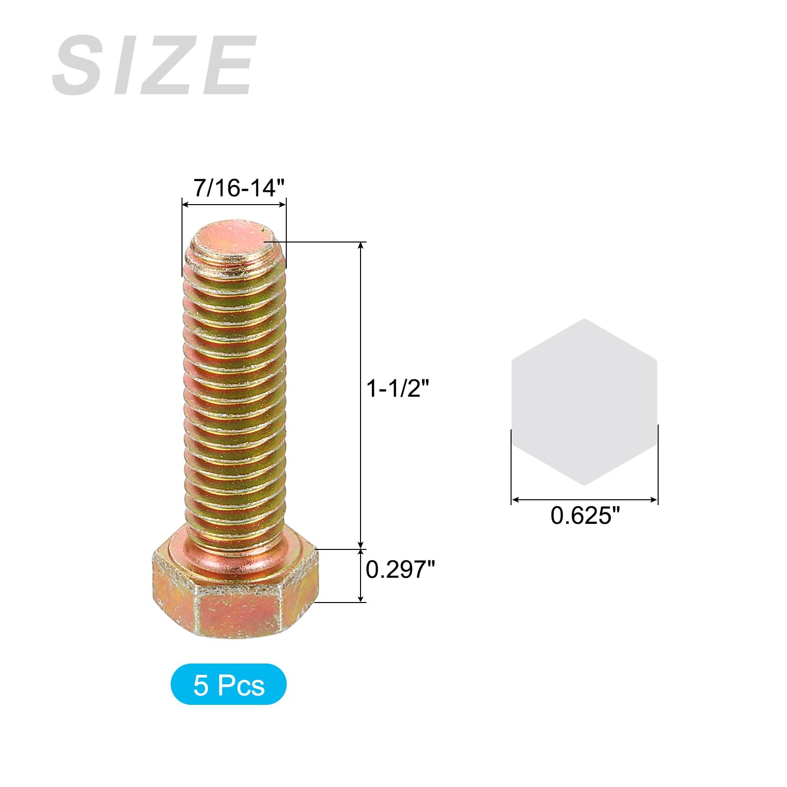METALLIXITY Hex Bolts (7/16-14 x 1-1/2") 5Pcs, 8 Grade Carbon Steel Zinc Plated, UNC Coarse Thread, External Hex Drive - Image 2