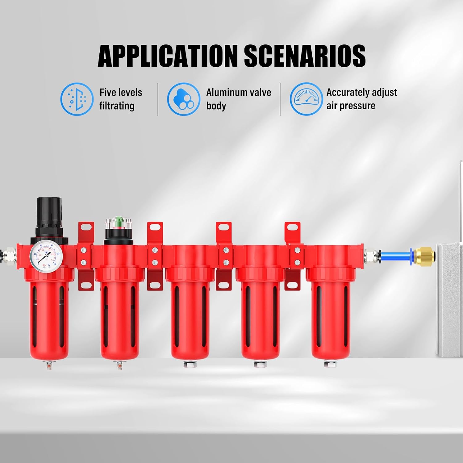1/4" NPT Industrial Grade 5 Stage Aluminum Air Drying System, Coalescing Filter, Particulate Filter, Triple Desiccant Dryer and Air Regulator, Manual Drain For Plasma Cutter and Paint Spray