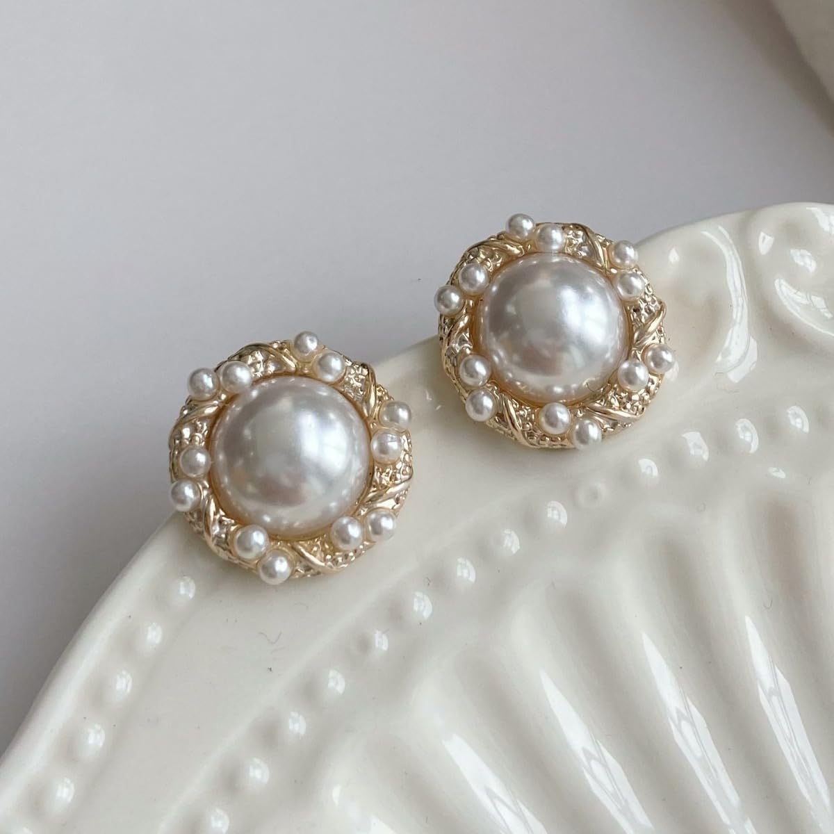 Gold Pearl Stud Earrings for Women, Elegant Classic Round Gold Plated Sterling Silver Earrings, Vintage Inspired Jewelry for Wedding Party & Everyday Look - Image 2