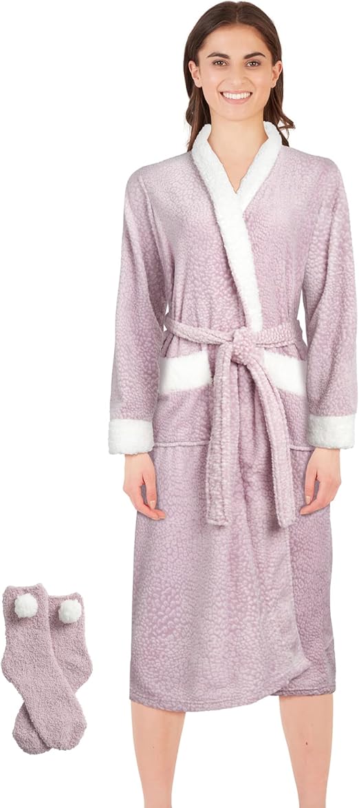 Jessica Simpson Women's Bathrobe - Plush Fleece Robe with Sherpa Shawl Collar and Slipper Socks (S-XL)