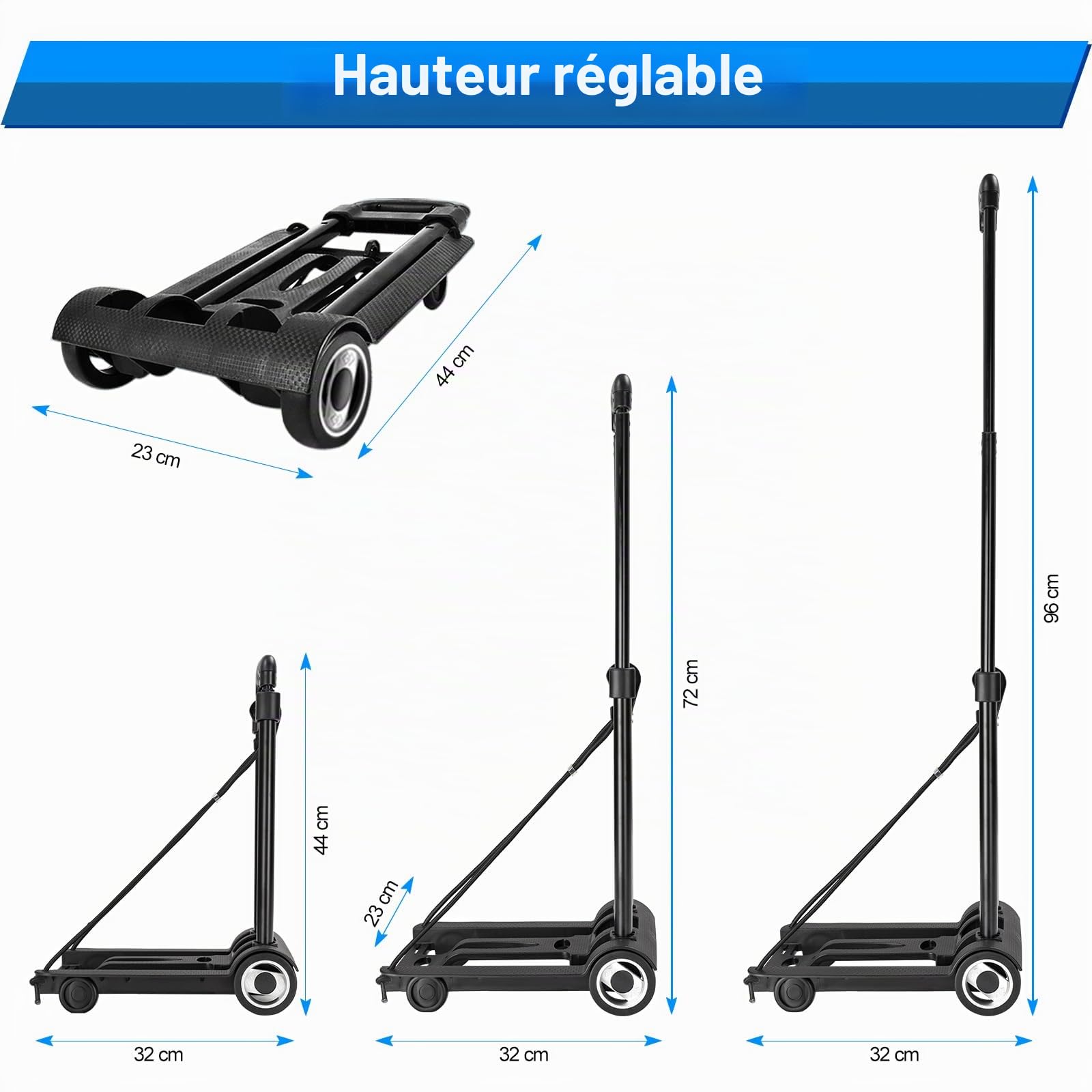 Chariot de Transport Pliable, Chariot à Plateforme 50 kg, Diable Pliable Compact avec Poignée Télescopique pour Transport, Déménagement, Usage Maison et Bureau