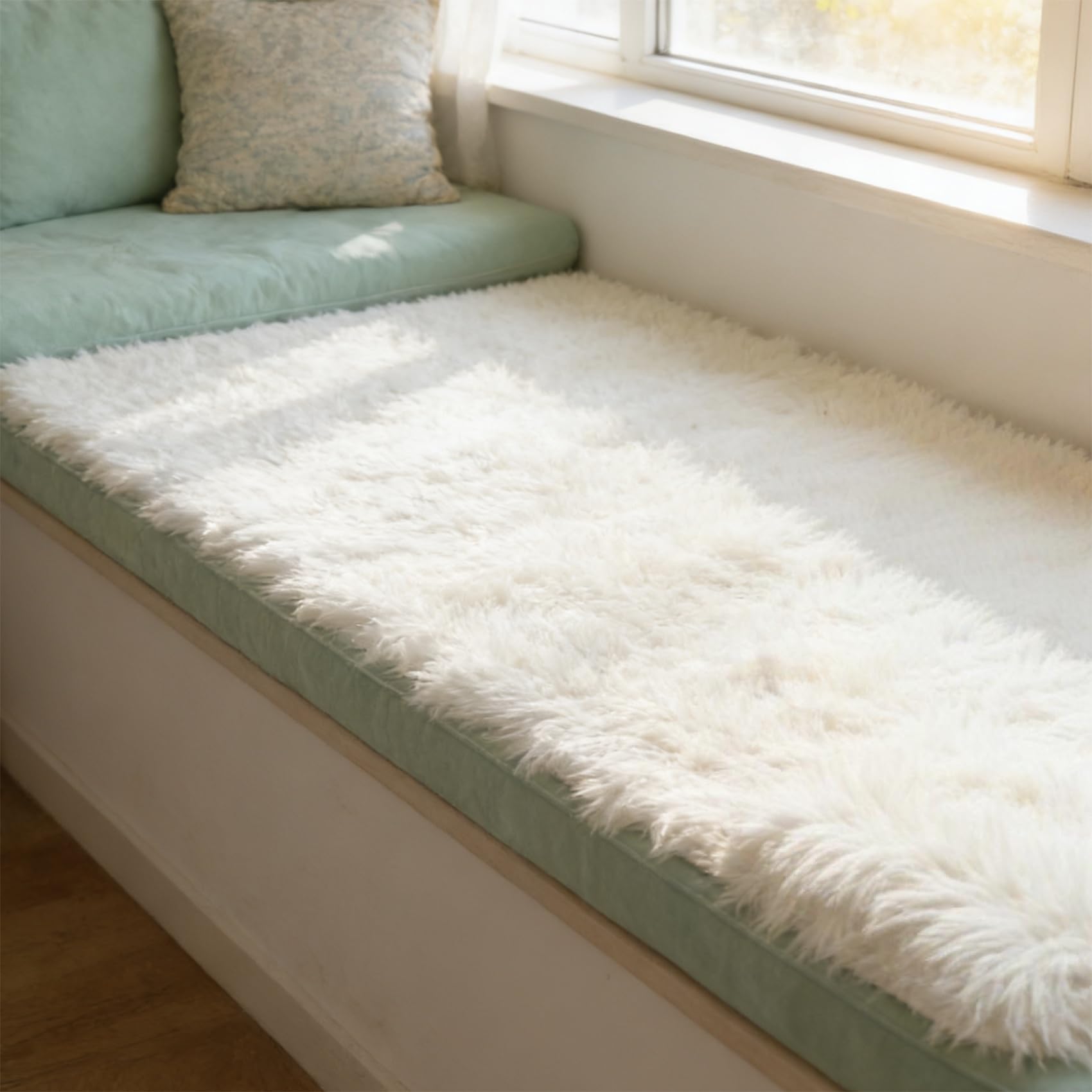 Tapis moderne à poils longs blanc 130x125 pour couloir et cuisine avec envers antidérapant