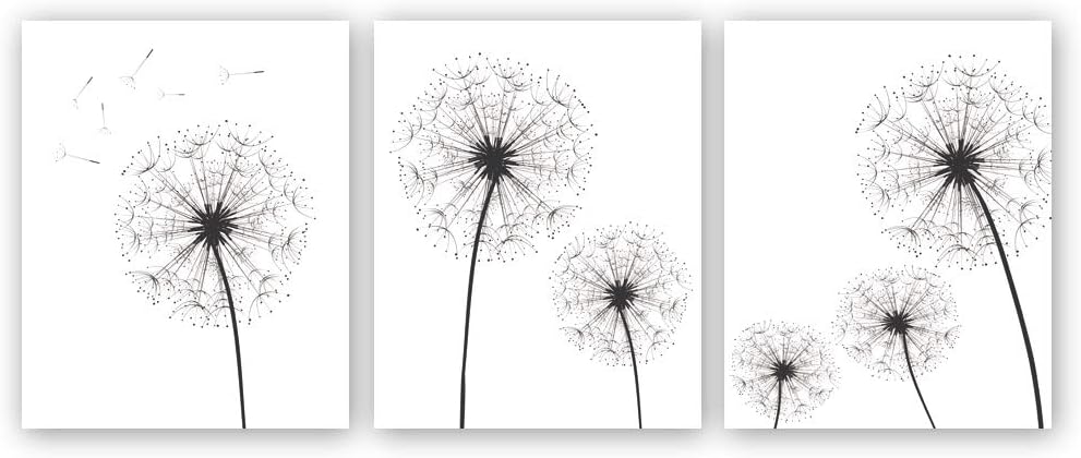 KAIRNE Modern Dandelion Flower Art Print,Black And White Abstract Floral Wall Painting, Set Of 3 (8”X10”) Minimalist Canvas Poster For Living Room Home Or Office Decor,Unframed