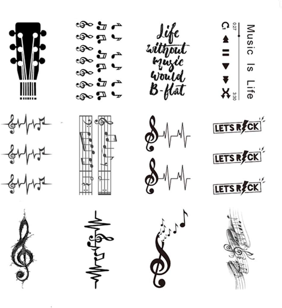 Guitar Music Temporary Tattoo Sticker Watercolor Waterproof Adult Men Women Arm Shoulder Back Neck Body Art 10.5X6cm Set of 12 (color3)