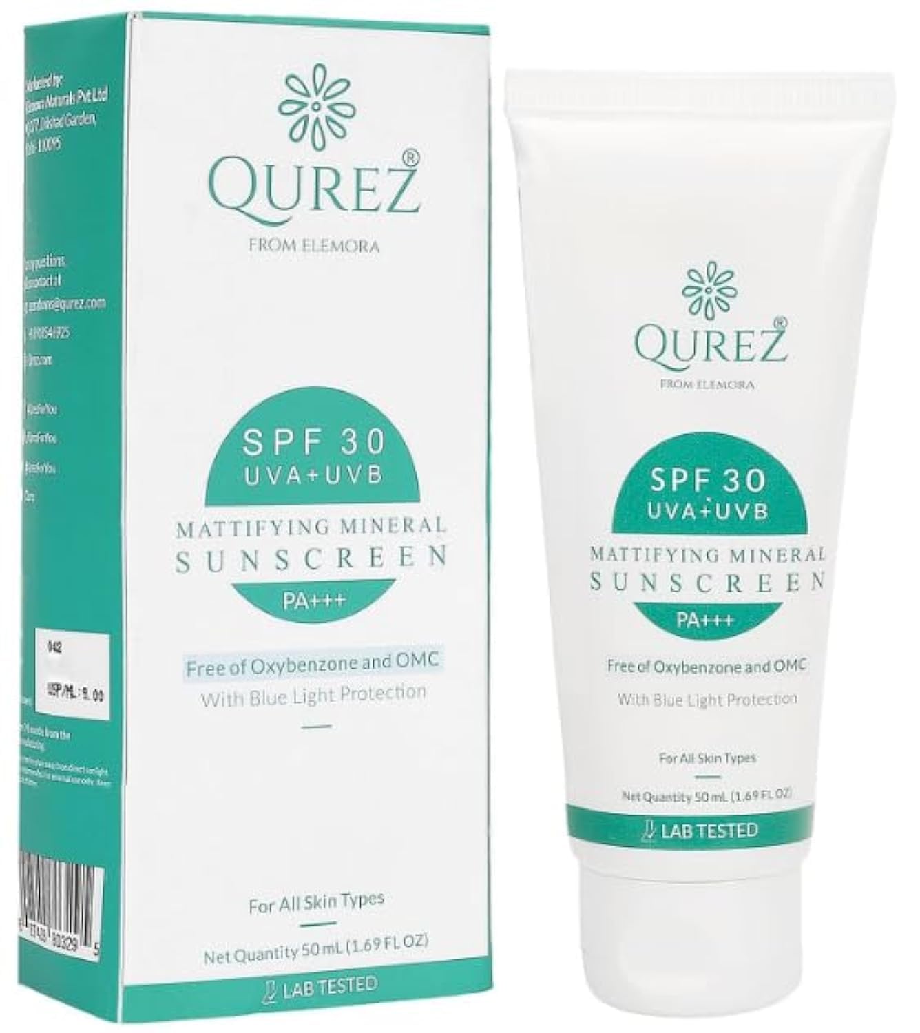 Qurez Mattifying Mineral Sunscreen SPF 30 | Blue Light Protection | PA+++, Broad Spectrum, UV A, UV B | for Glowing & Well Protected Skin, Cream | No White Cast, Acne safe | 50 ml