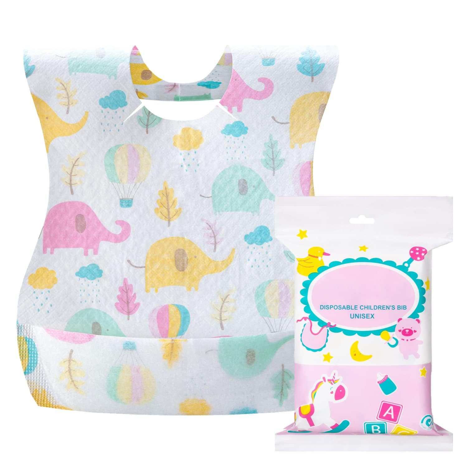 BIGTHREE Disposable Baby Bibs, 20 Count Waterproof Baby Bibs with Food Catcher Pocket, Adjustable Baby Feeding Bibs, Individual Packages, Suitable for Toddlers, Feeding, Traveling, Outdoor Use