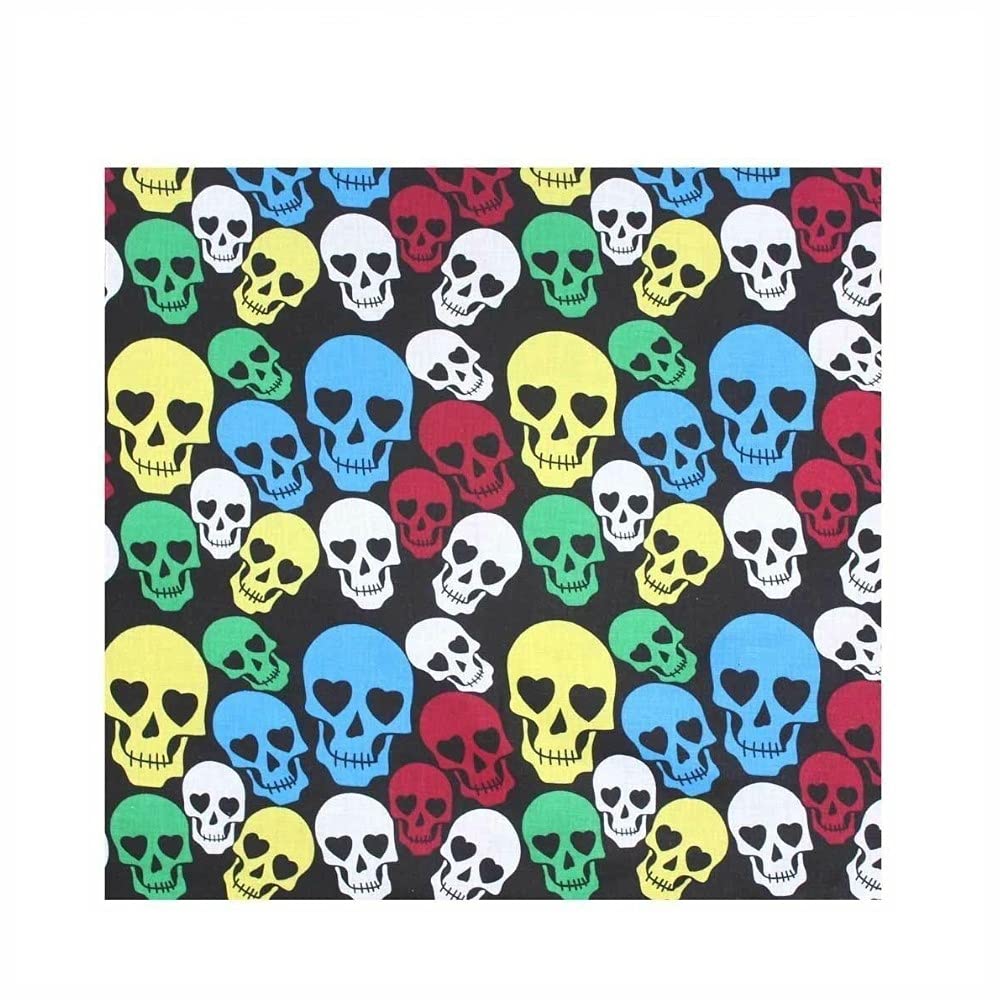 100% cotton multi coloured skulls design bandana, 55cm square. Ideal for every day wear.