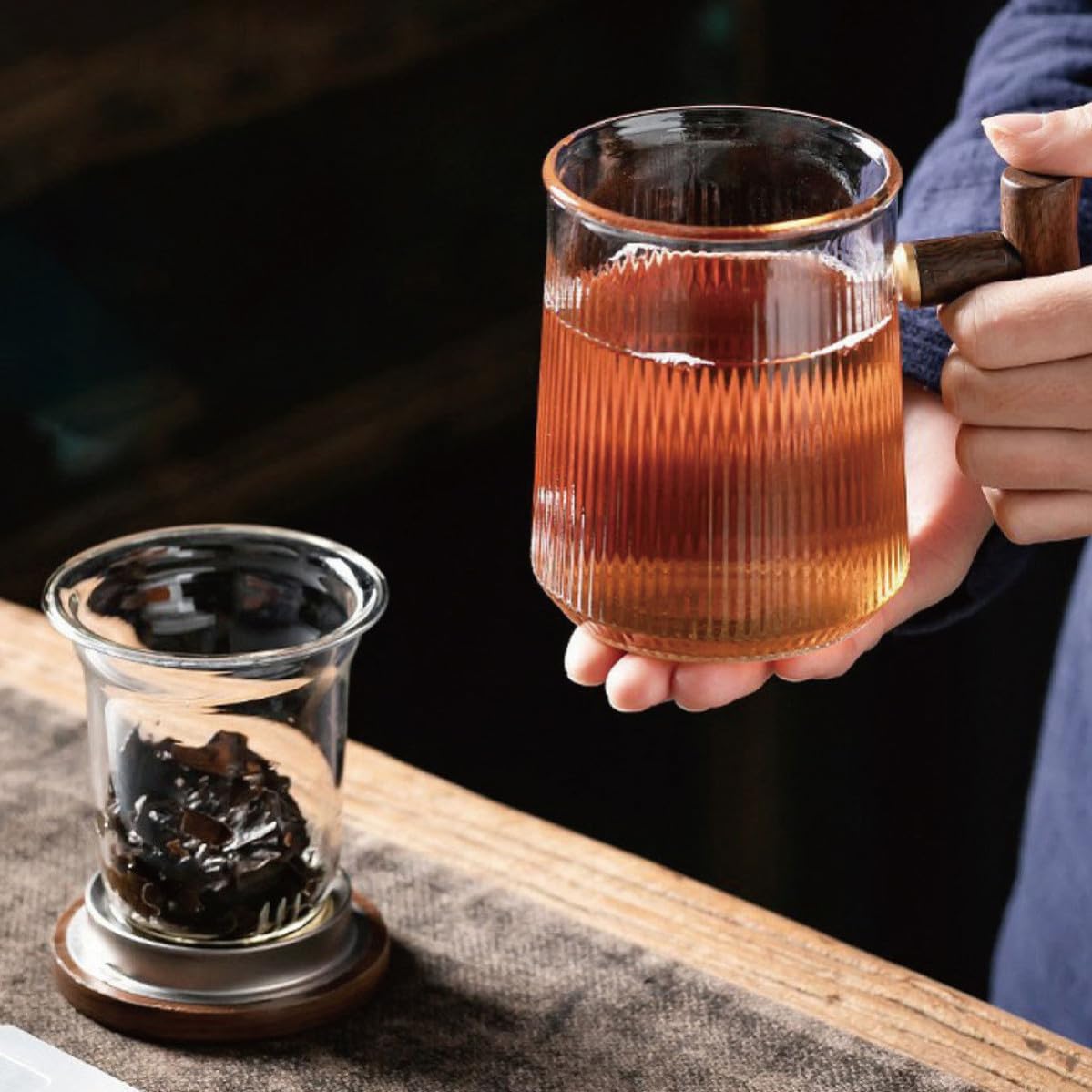 COLLBATH Ml Glass Tea Infuser Mug with Wooden Lid and Handle