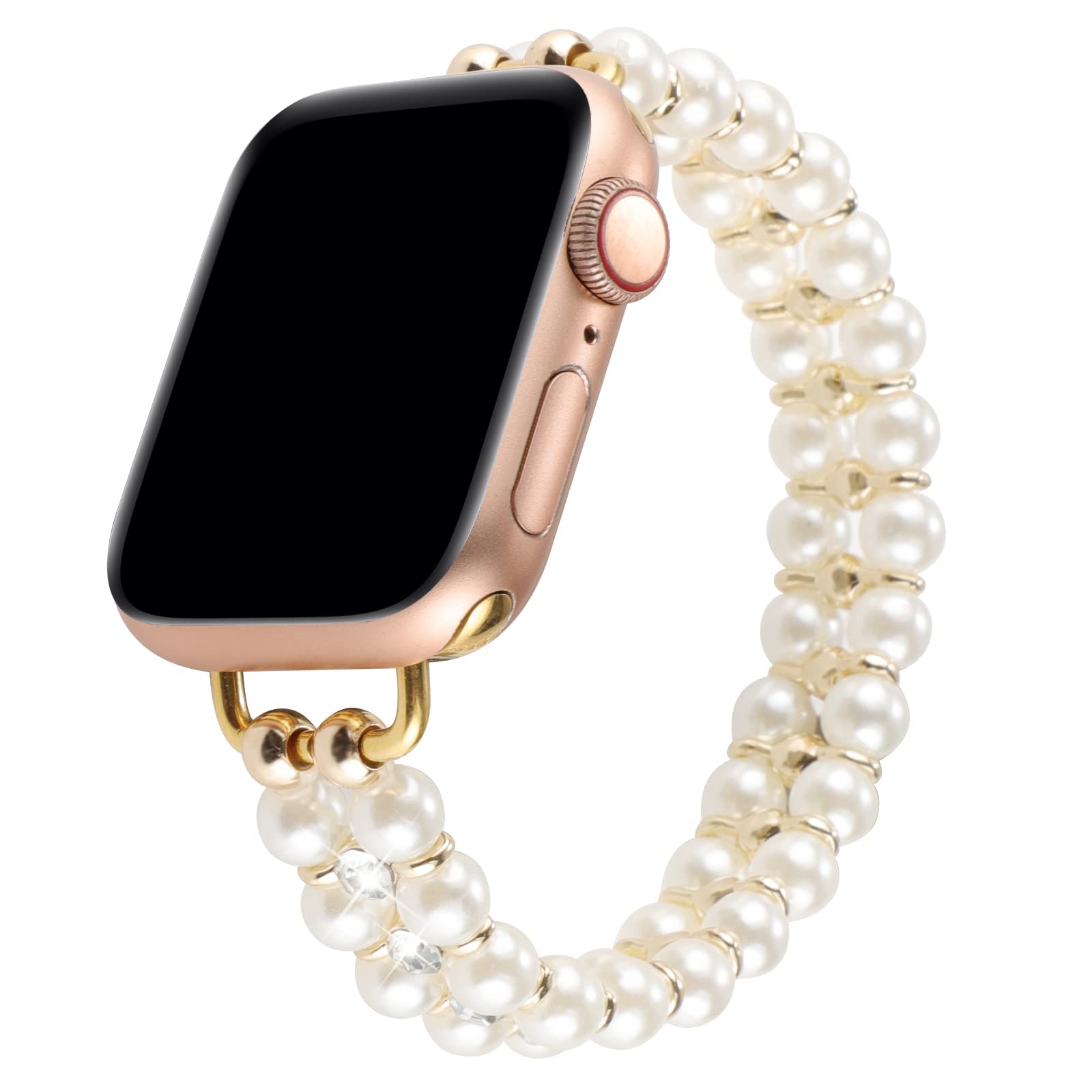 Elastic Pearl Beaded Band Compatible with Apple Watch 38mm 40mm 41mm, Woman Sparkling Bling Diamond Chain Solo Loop Stretch Bracelet Strap Replacement for iWatch Series 9 8 7 6 5 4 3 2 SE (38/40/41mm M, White Gold)