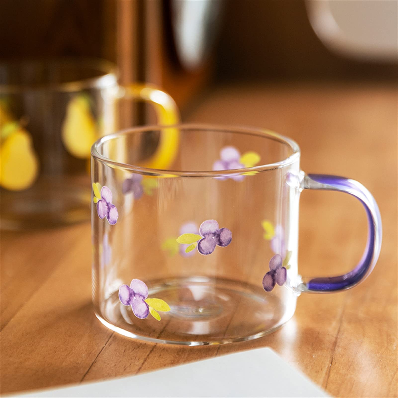 Becher 400 ml Fruchtmuster Glasbecher mit Griff Transparent Frühstück Milch Hafer Tasse Büro Zuhause Paar Wasserbecher Küche Trinkgeschirr Kaffeetasse (Farbe: Traube)