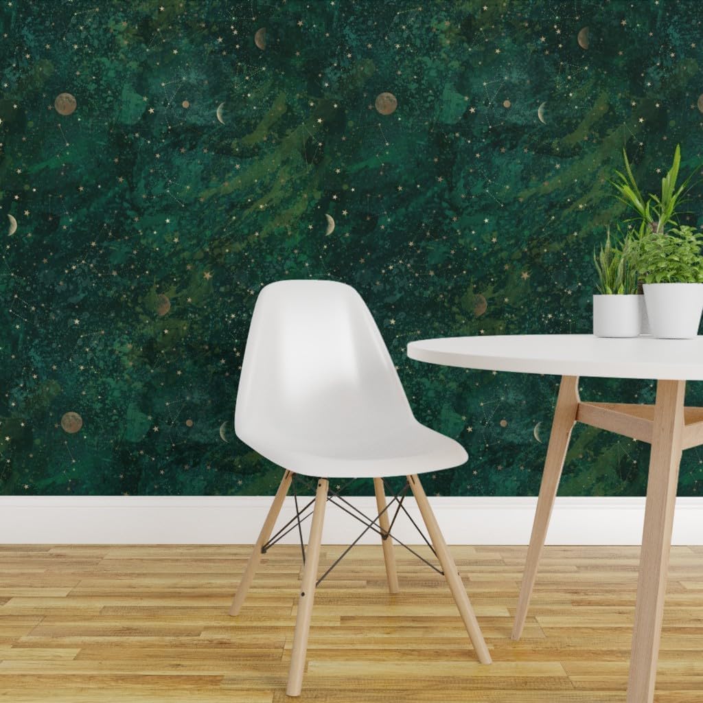 Spoonflower Removable Wallpaper 3ft x 2ft - Dark Green Moon Stars Bohemian Star Night Celestial Custom Pre-Pasted Wallpaper