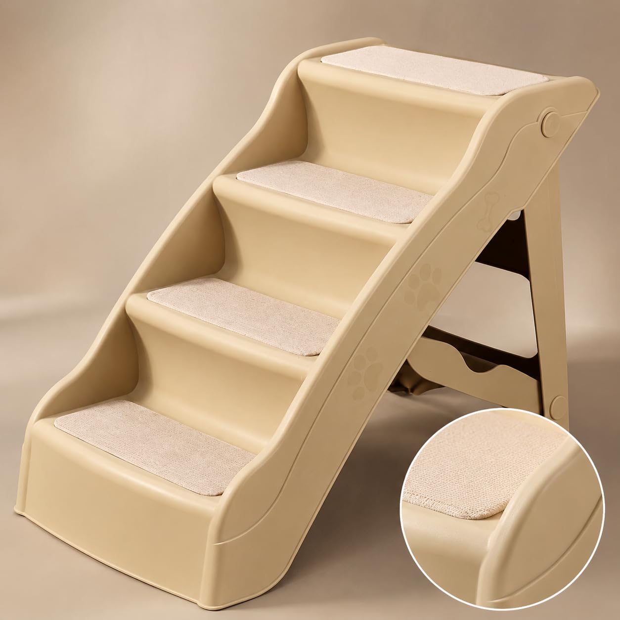 Rampa per Animali Domestici con Gradini Antiscivolo in Plastica Rinforsata Struttura Triangolare Stabile Piegevole E Portatile per Divano Letto Auto, Beige, Rinforzato e ispessito