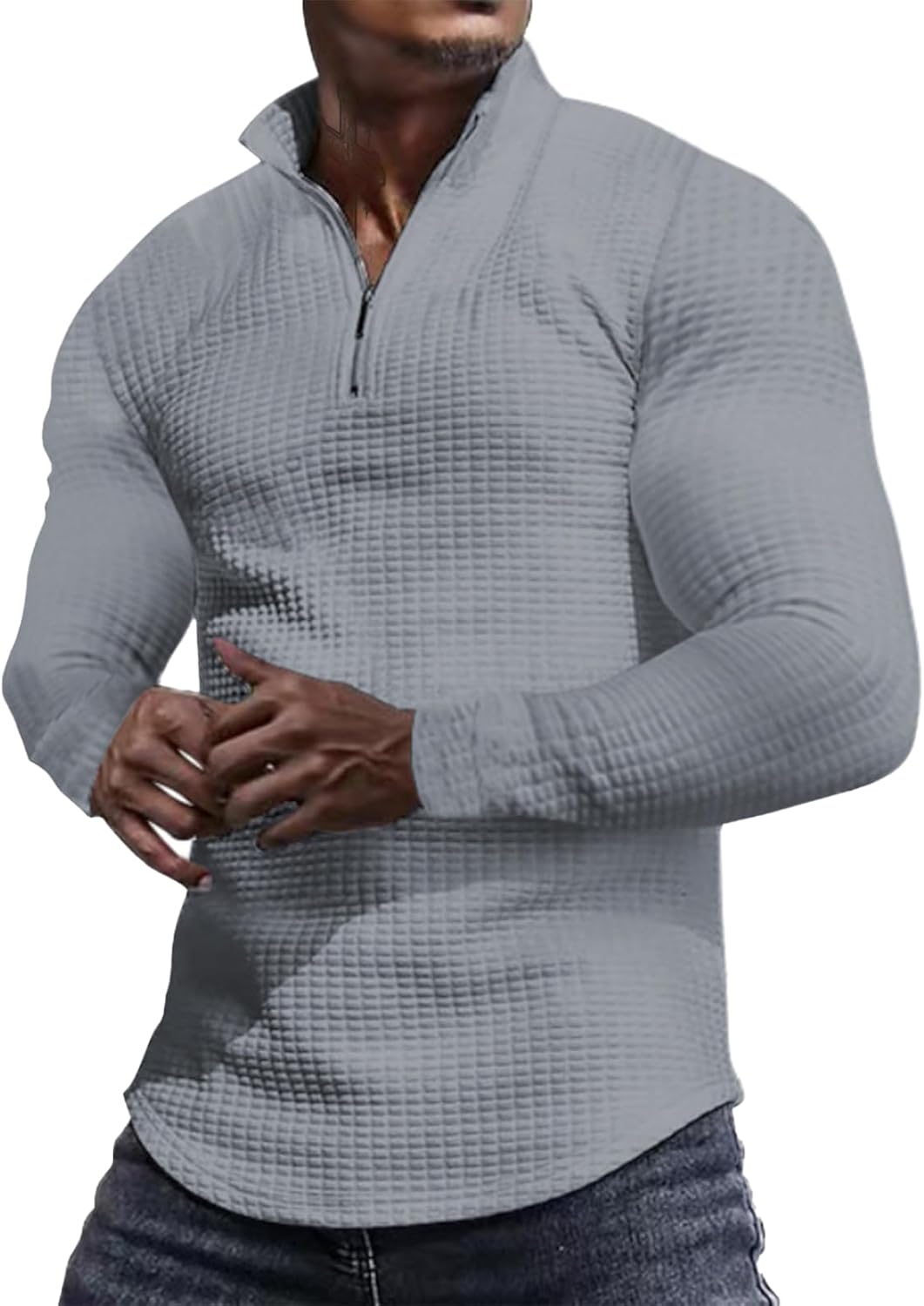 Waffle Knit Half Zip Mens Slim Fit Long Sleeve Pullover Hoodies Fall Warm Comfy Cas...