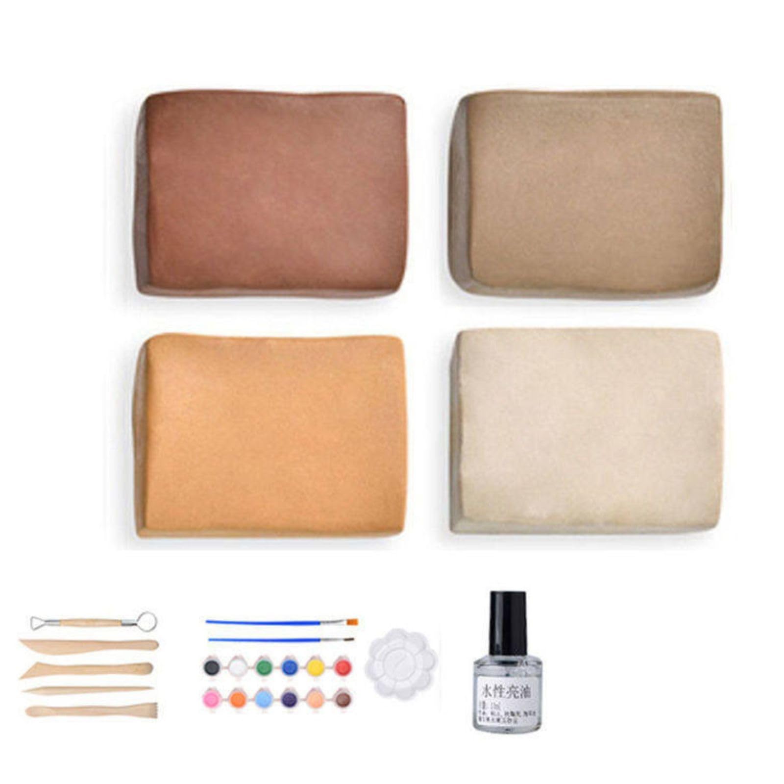 Argile autodurcissante blanche pour poterie et loisirs créatifs – Kit séchage à l'air, Argile mélangée 4 paquets + kit de cinq pièces + pigments