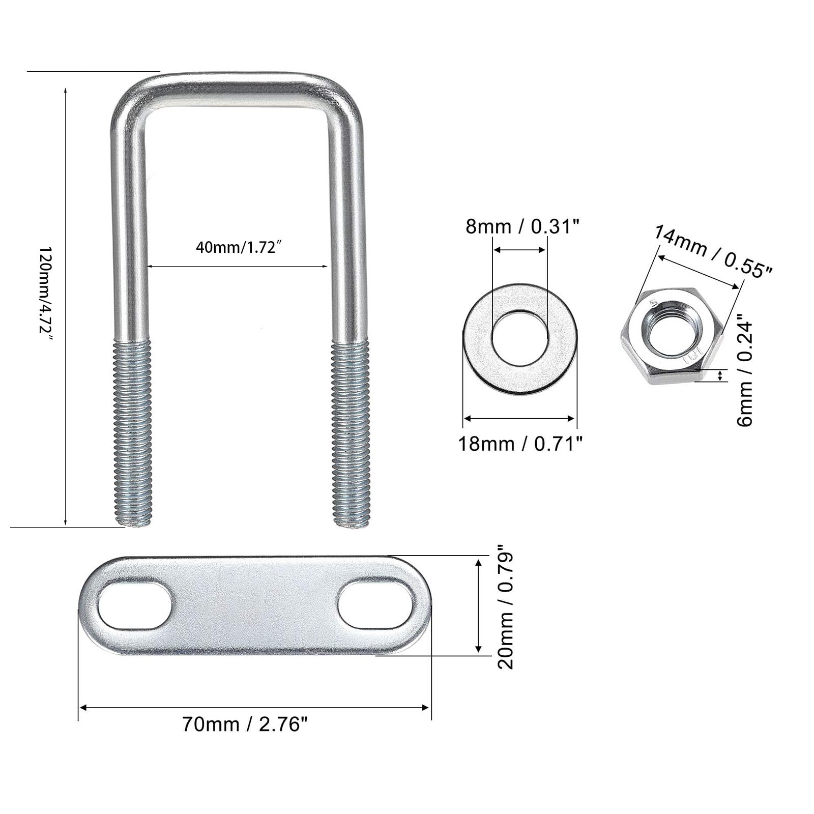 TOP-VIGOR 2 sets M8 Square U-Bolts, 40mm Inner Width 120mm Length Steel U-Bolts with Nut, Plate - Image 2
