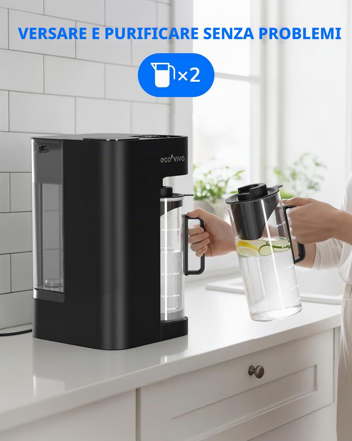 Ecoviva Mate 3 Filtro per acqua ad osmose inversa da banco con 2 caraffe di riempimento automatico, sistema di filtrazione RO a 8 fasi, senza installazione, riduce il TDS, rapporto puro-scarico 3:1