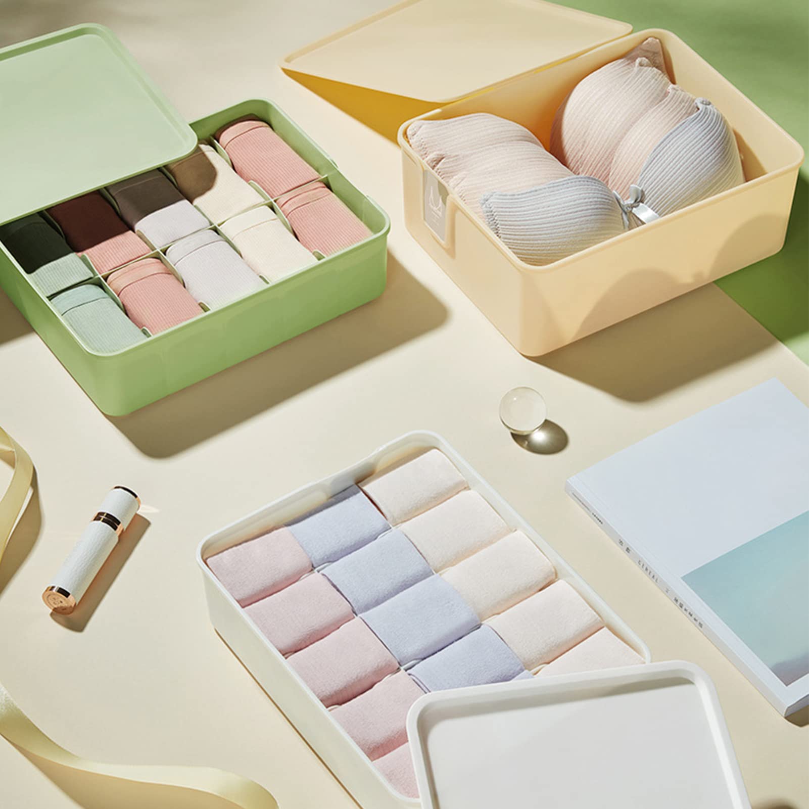 Sock Underwear Organizer, 15 Cell Divider Plastic Closet Drawer Storage Box Dresser Drawer Organizer Container for Panty Ornament Ties (Green)