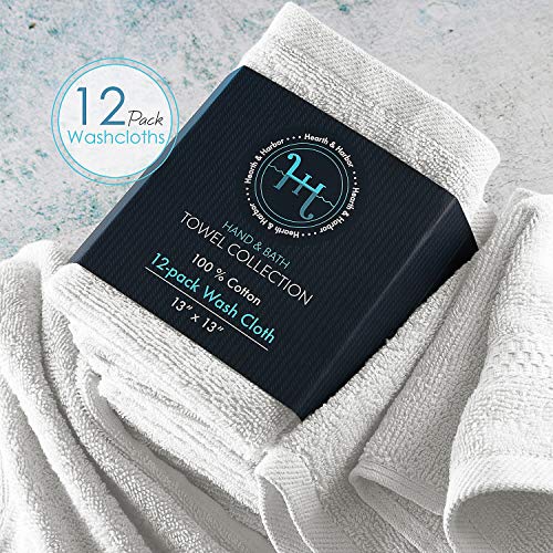 Image of Hearth & Harbor Washcloths 12 Pack - 100% Cotton Washcloth for Body and face, High Absorbent and Soft 13 inchx13 inch Body Wash Cloth, Quick Dry - White Washcloths