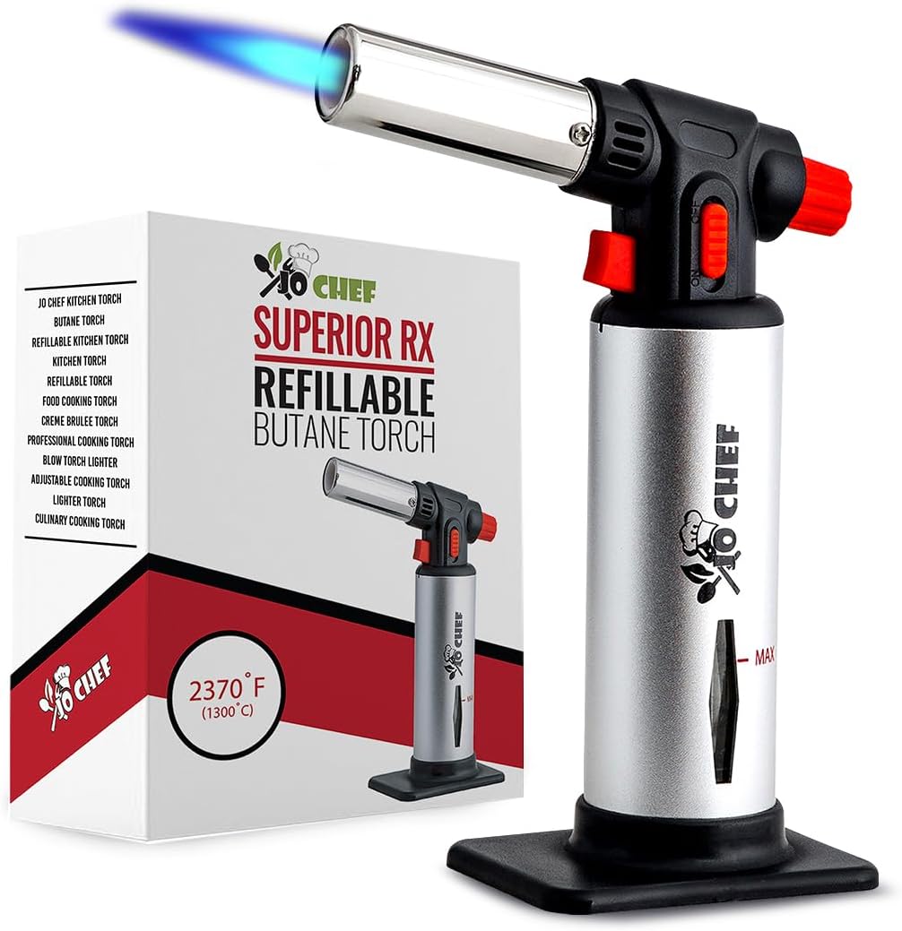 Jo Chef Butane Torch Lighter, Cooking Torch - Refillable Adjustable Flame Lighter with Safety Lock for BBQ, Baking, Brulee Creme, DIY + FREE Recipe eBook (Butane Not Included)