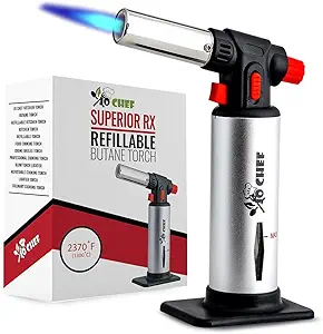 Jo Chef Butane Torch Lighter, Cooking Torch - Refillable Adjustable Flame Lighter with Safety Lock for BBQ, Baking, Brulee Creme, DIY + FREE Recipe eBook (Butane Not Included)
