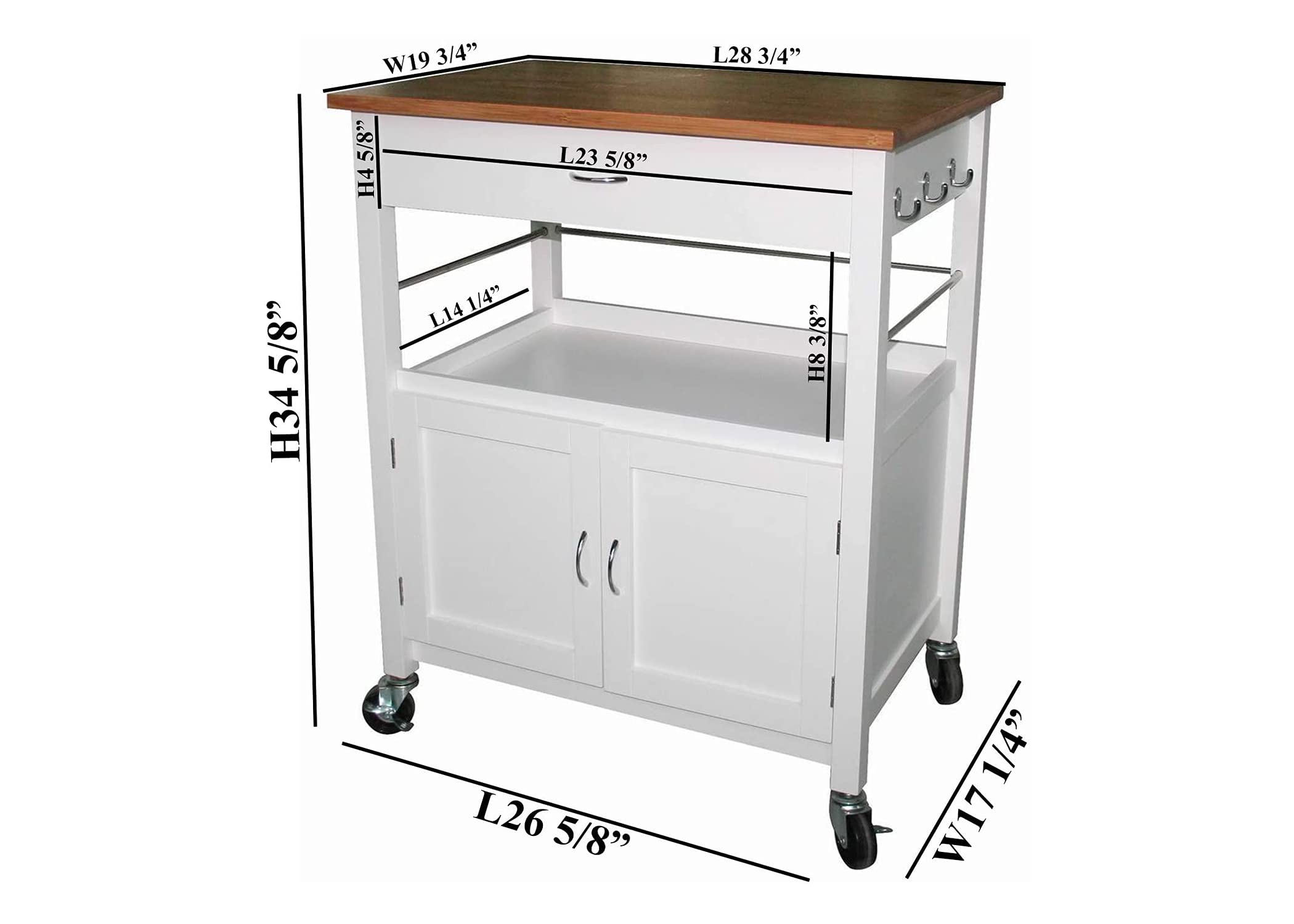 eHemco Kitchen Island Cart with Natural Bamboo Top Butcher Block, White