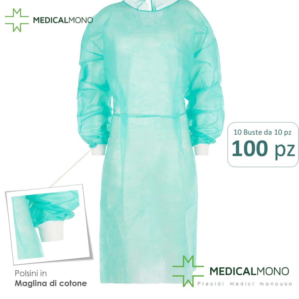 Camici visitatore monouso TNT 25 gr Polsini in Cotone Idrorepellente Verde