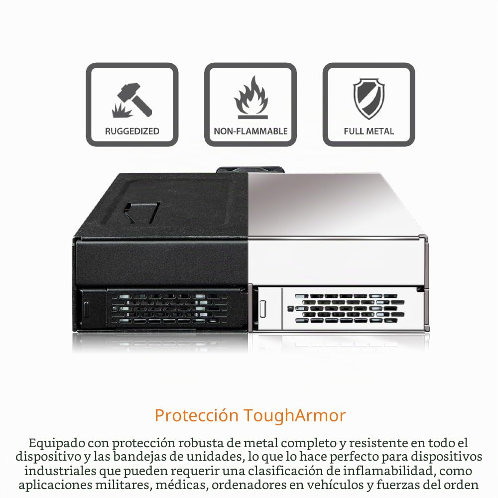 ICY DOCK ToughArmor MB105VP-B, Estante removible metálico 2 x 2,5" SSD NVMe U.2/U.3 SlimSAS (SFF-8654 8i) pinout definido por SFF - 9402 Rev 1.1, PCIe 4.0, para bahía de Unidad de 5,25"
