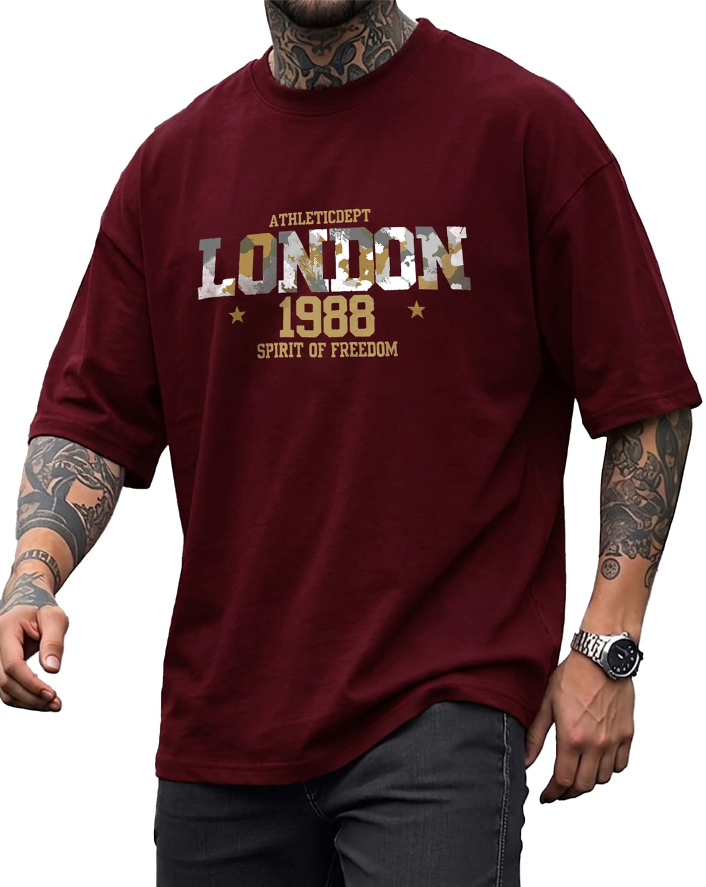 ausk Men’s Oversized Graphic Printed T-Shirt | London 1988 Typography Casual Half Sleeve Round Neck Streetwear T-Shirt for Men-picture-23