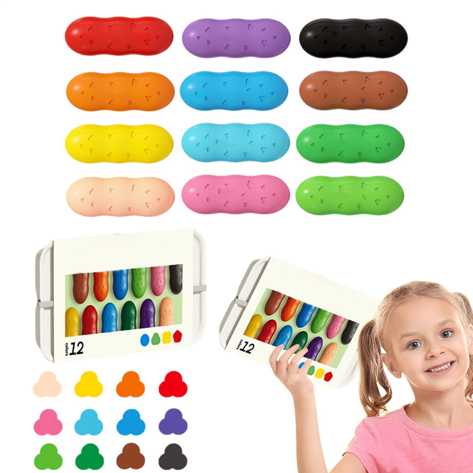 Kinderwachsmalstifte | Waschbare Malstifte Komplettset,Vorschule Malzubehör 12 Farben Erbsenform Leichter Griff für Schule Kindergarten Unterwegs