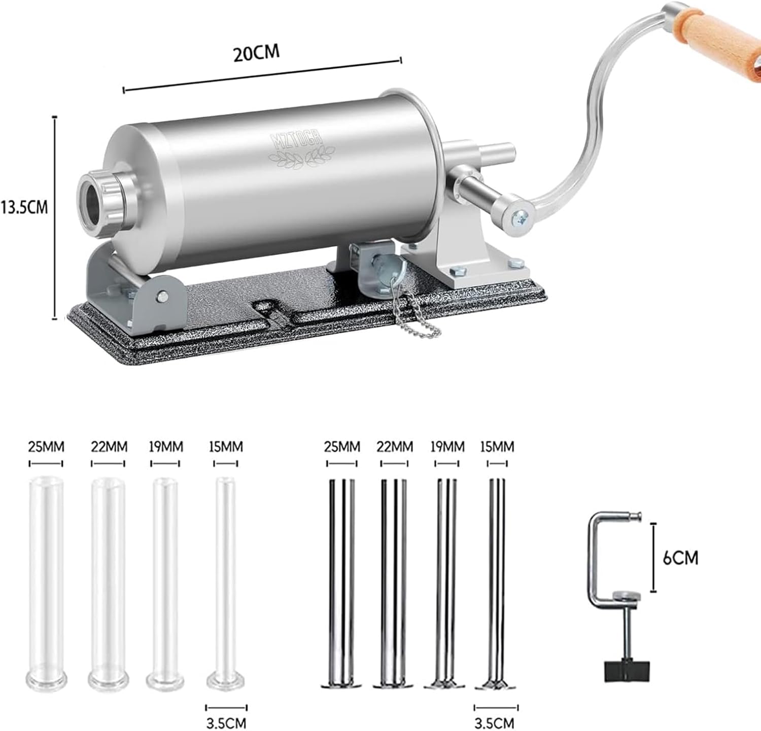 MZTOGR Sausage Stuffer, 2.5LBS Stainless Steel Horizontal Sausage Maker, Homemade Manual Meat Filling Kitchen Machine with 8 Stuffing Tubes MZ-HOR-2.5LBM