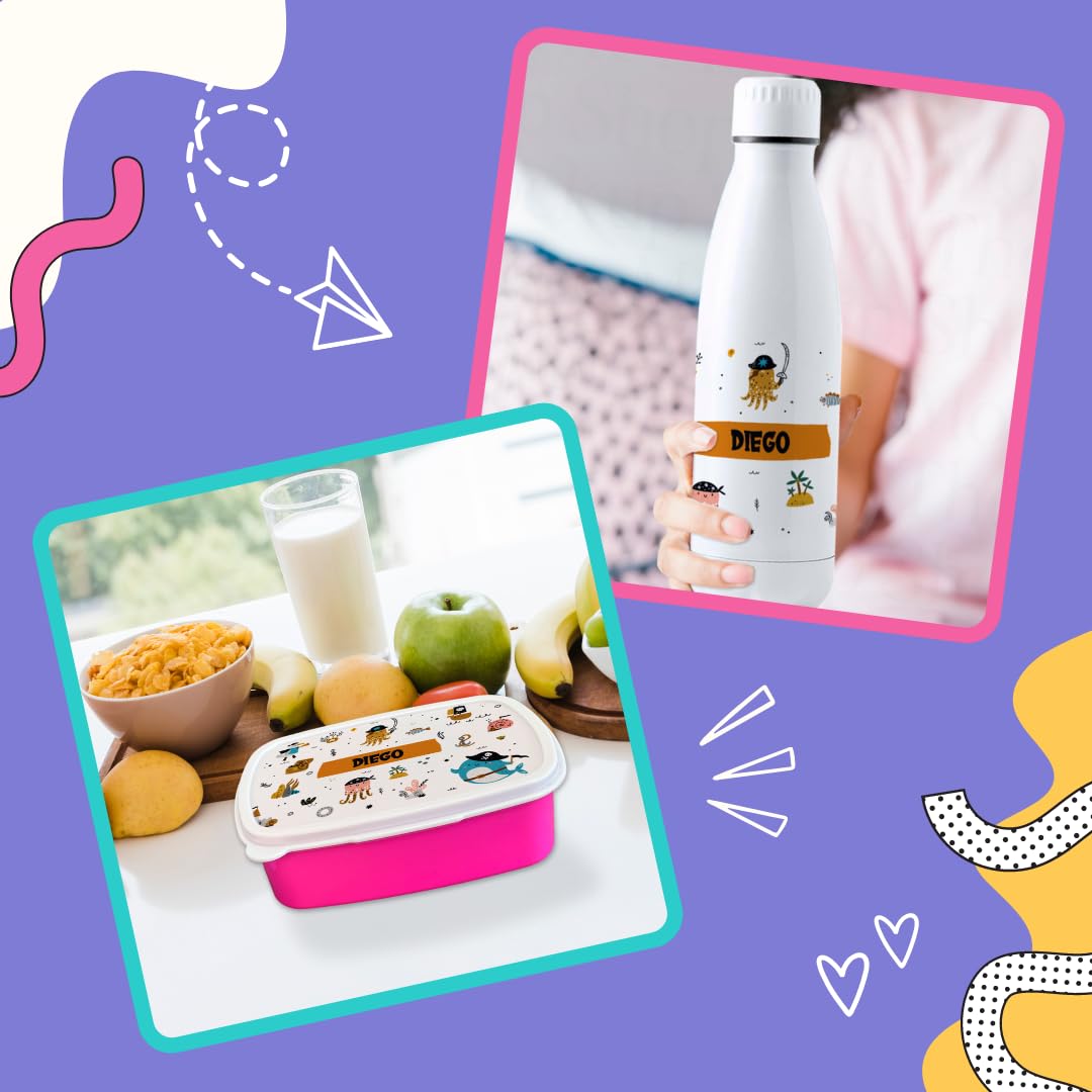 Pack vuelta al cole piratas botella personalizada + mochila saco personalizada + fiambrera personalizada + bolsa merienda personalizada con texto para el colegio o guardería. Libre de BPA