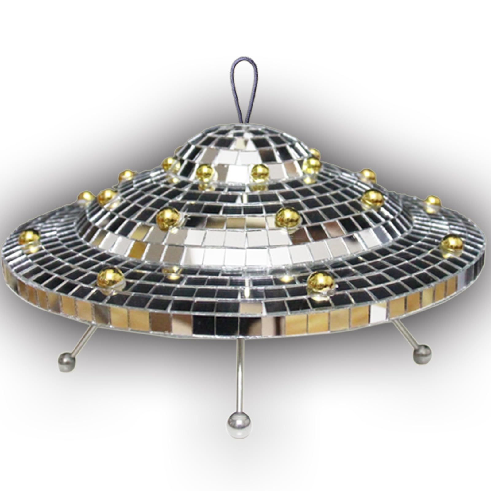 Disco Ball with Elastic Rope UFO Spaceship Mirror Reflective Decorations UFO Space Art Crafts Creative Disco Mirror Ball Handmade Gifts Funny Christmas Decorations(9 * 5INCH)