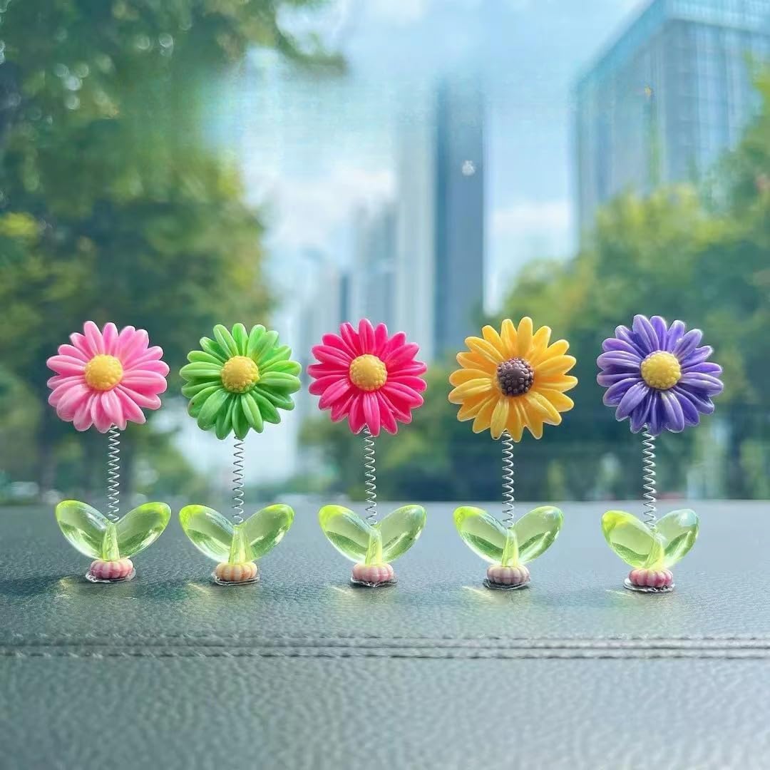 Resin Car Dashboard Decor Flower (5Pcs) | Cute Mini Shaking Head Dancing Sunflowers Car Interior Decoration Accessories | Mirror Decorative Ornaments| (Multicolor) (Set of 5)-image-46