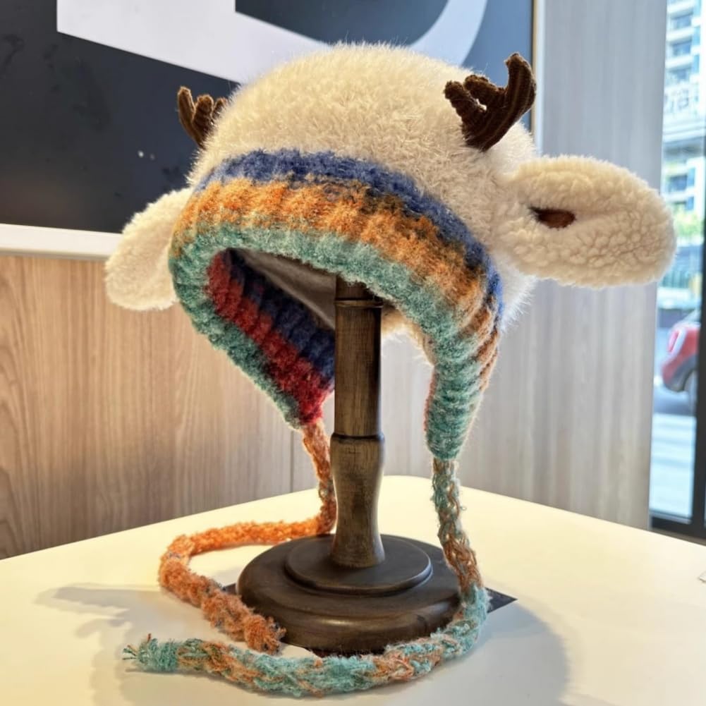 Generisch Cappello creativo 2 in 1 con corna, cappello natalizio lavorato a maglia con renna, caldo, pieghevole, con paraorecchie in peluche