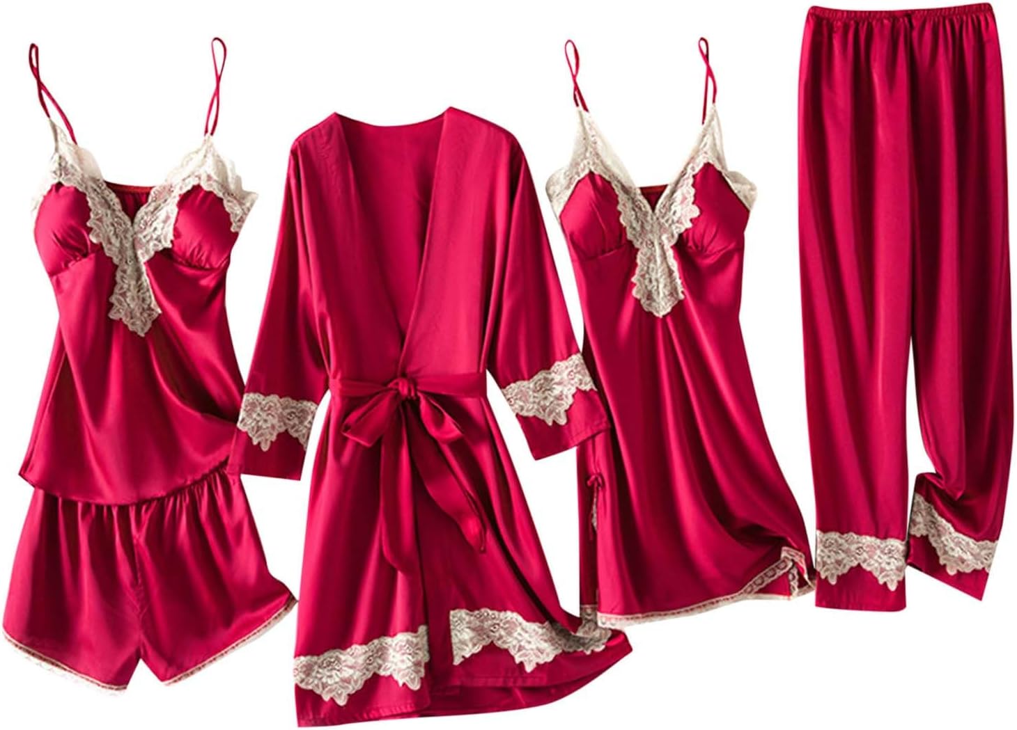 Borniu Women' Silk Satin Pajamas Set 5pcs Lingerie Lace Cami Sleepwear with Robe Sexy Nightwear Lounge Sets A3