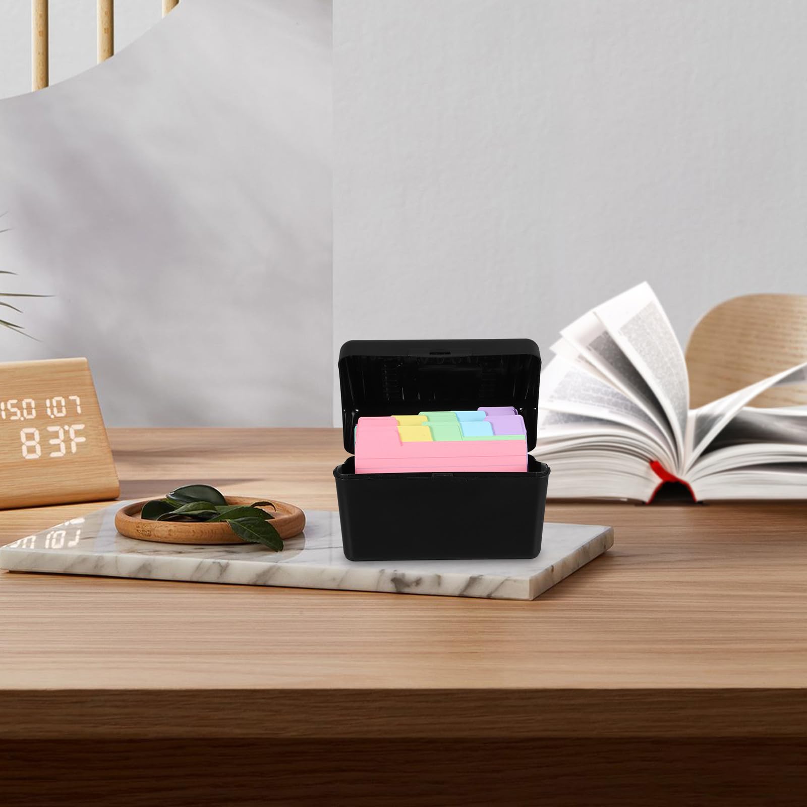 Boîte de Rangement Noire pour Fiches Index en Plastique Léger avec Onglets Autocollants, Organiseur Compact pour Notes et Recettes, pour Étudiants et Bureau