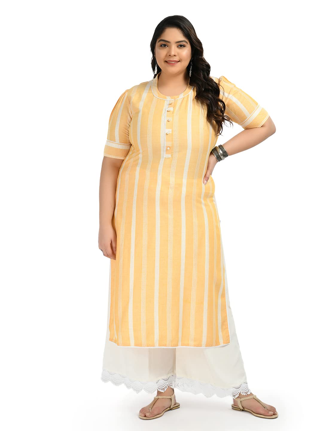 PrettyPlus by Desinoor com Women Plus size Striped Kurta with Palazo set in Yellow color on rayon fabric
