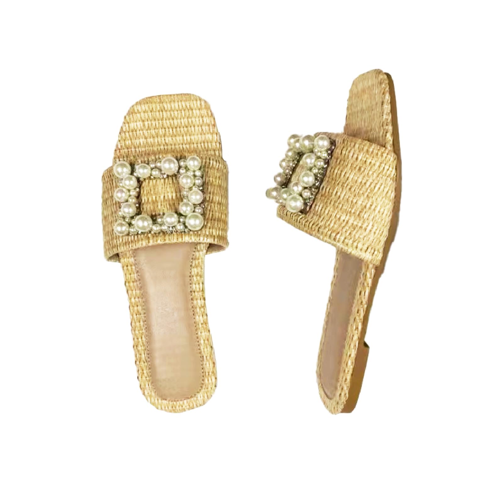 LVOMU Women's Pearl Weave Wide Width Flat Slides Sandals Fashion Non-Slip Square Toe Slip On Summer Walking Slippers for Indoor Outdoor Beach Daily