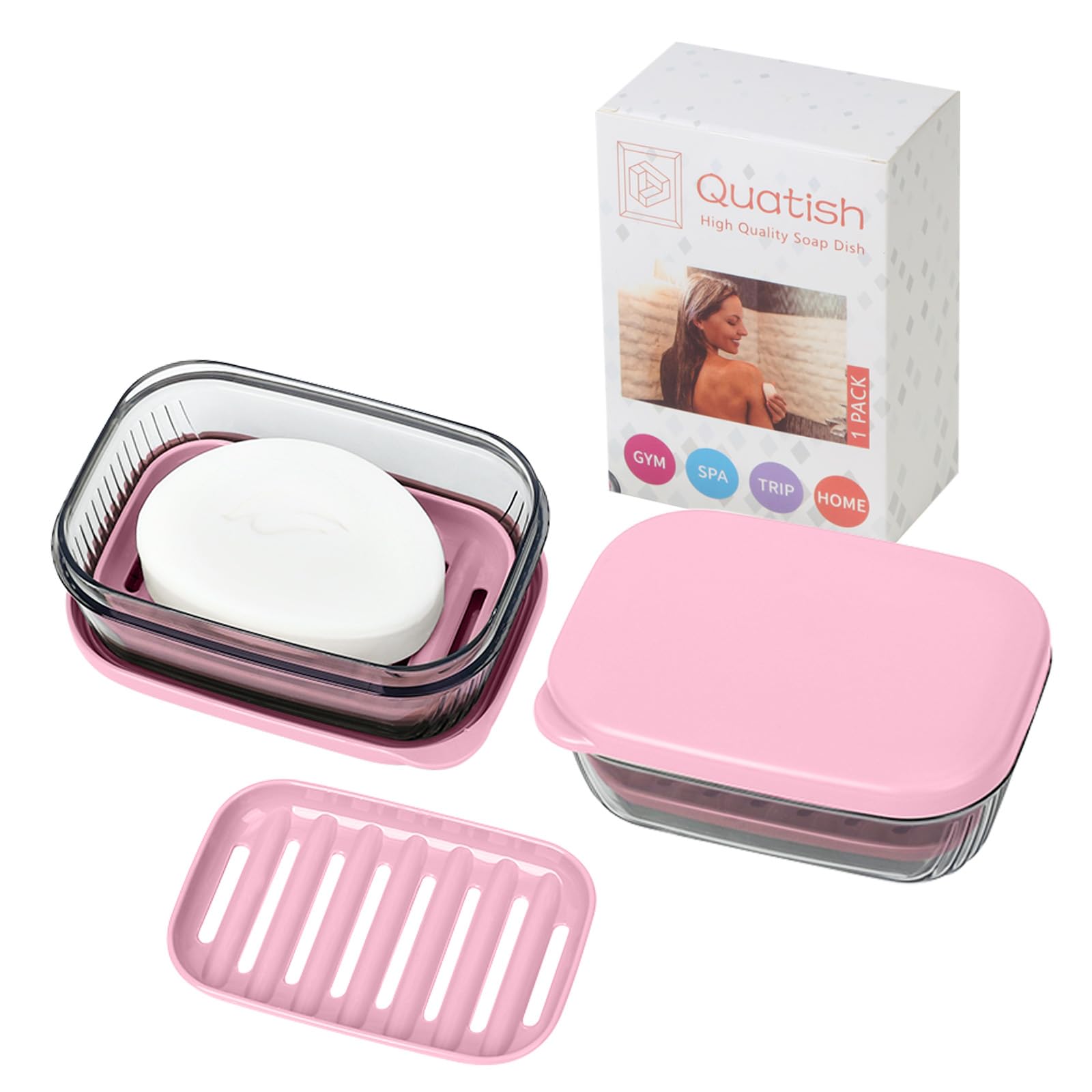Quatish Soap Holder, Leakproof Travel Soap Case, Bar Soap Holder for Shower, Soap Dish with Lid for Gym, Travel Size Toiletries, Portable Travel Essentials, Pink