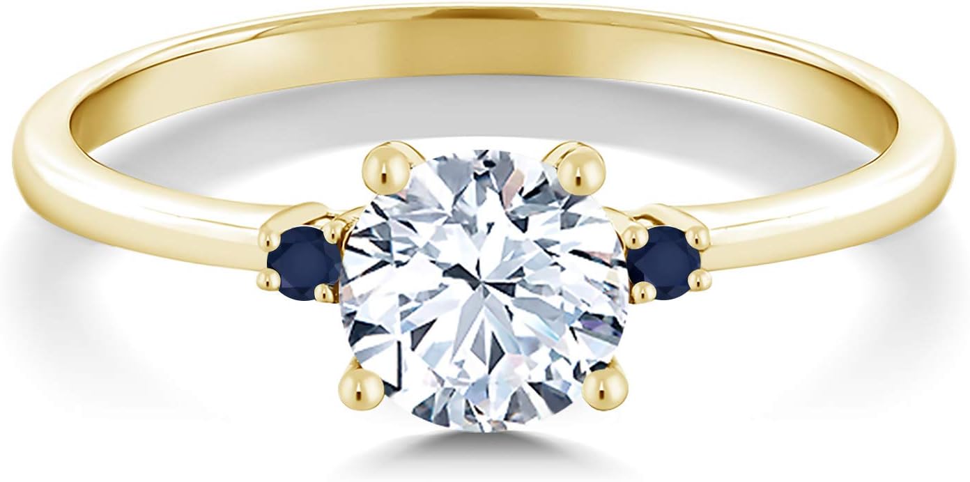 Gem Stone King 10K Yellow Gold White Created Sapphire and Blue Sapphire Solitaire Engagement Ring For Women (1.03 Cttw, Round 6MM, Gemstone September Birthstone) - Image 2