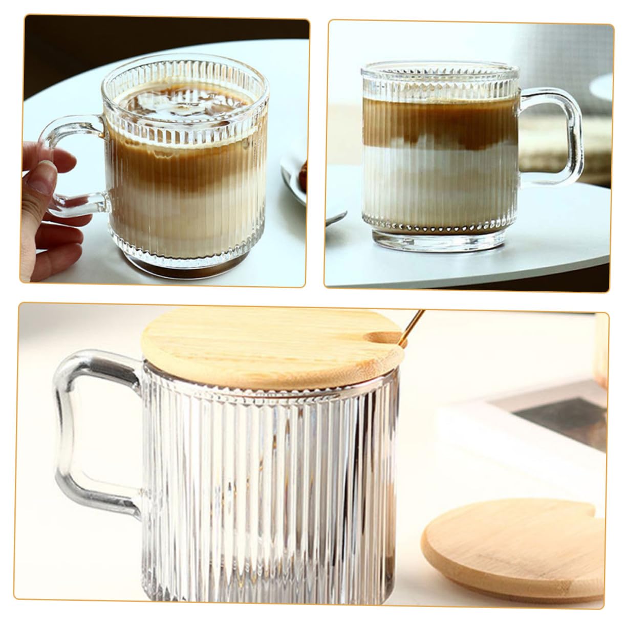 Hohopeti Set 2 Tazze da Caffè in Vetro con Manico, Coperchio in Legno e Cucchiaino, Capacità 340ml, per Casa e Uso Esterno