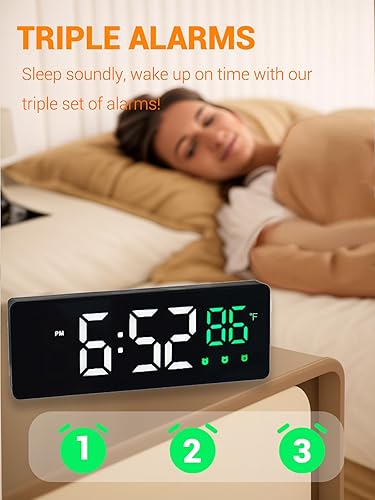 Miniatura 4 de Reloj despertador digital para dormitorios, con temperatura, triple alarma, atenuador automático, pantalla de 6.5 pulgadas, despertador de sonido,