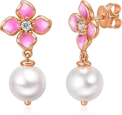 Flower Pearl Stud Earrings Rose Gold Plated Dainty Flower Drop Simple Wedding Da