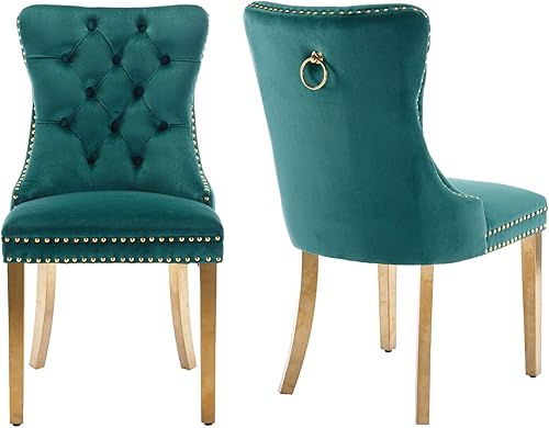 Miniatura 91 de Aoowow Juego de 2 sillas de comedor tapizadas de terciopelo, sillas laterales sin brazos con respaldo de ala, botones y patas de madera maciza para