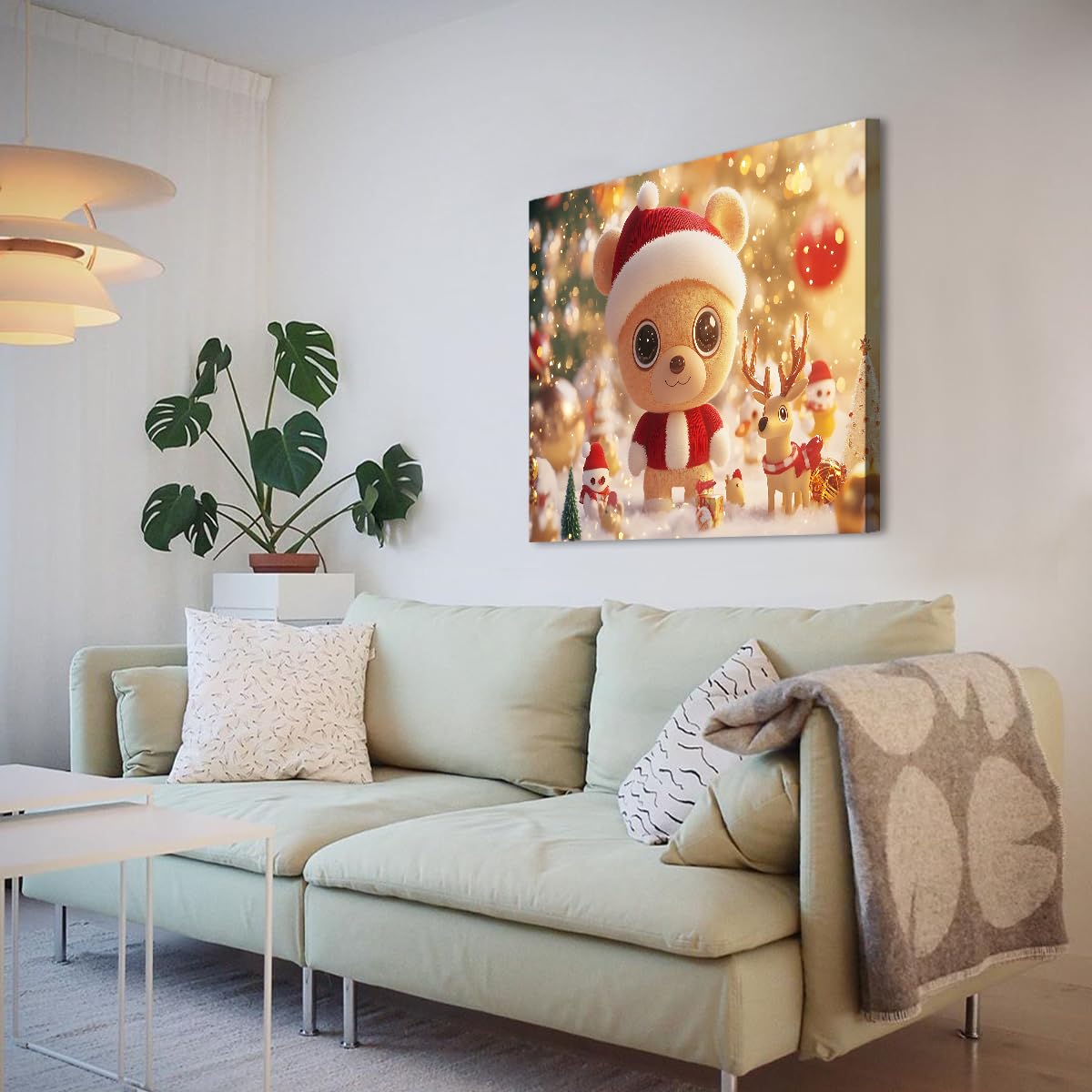 SHENGPOSTER Plakat na ścianę romantyczny Boże Narodzenie niedźwiedź i renifer bałwan wydruki na płótnie do salonu przedszkola klasa dekoracja domu wakacje rama wewnętrzna 38 x 38 cm